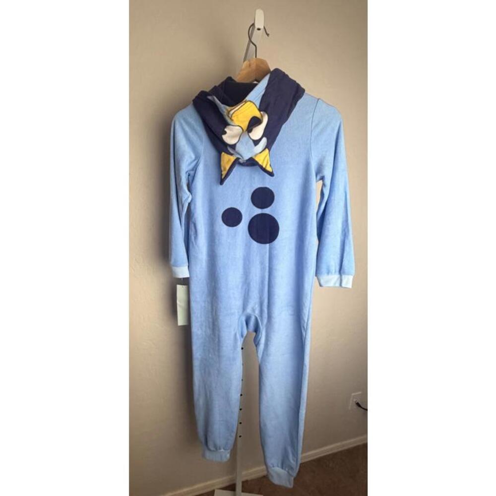 Bluey Kids Hooded One Piece Pajamas M (8/10) Blue Fleece Flame Resistant - Picture 5 of 8